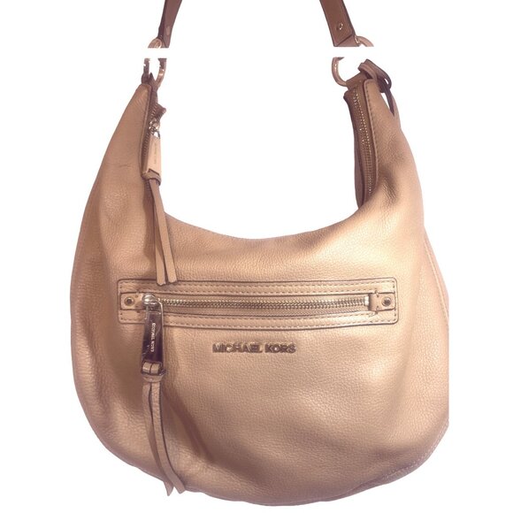 Michael Kors Caramel leather Hobo Shoulder Bag Charm logo dust bag Authentic - Picture 1 of 15